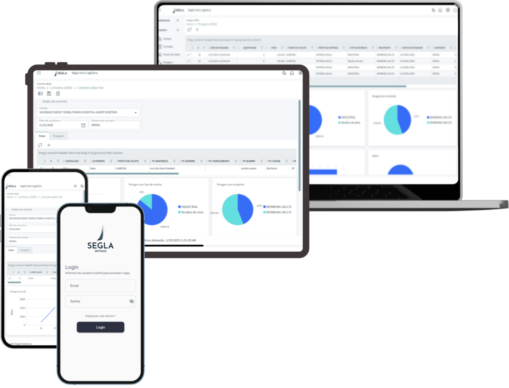 Telas do sistema de gestão de resíduos da Segla Resíduos.